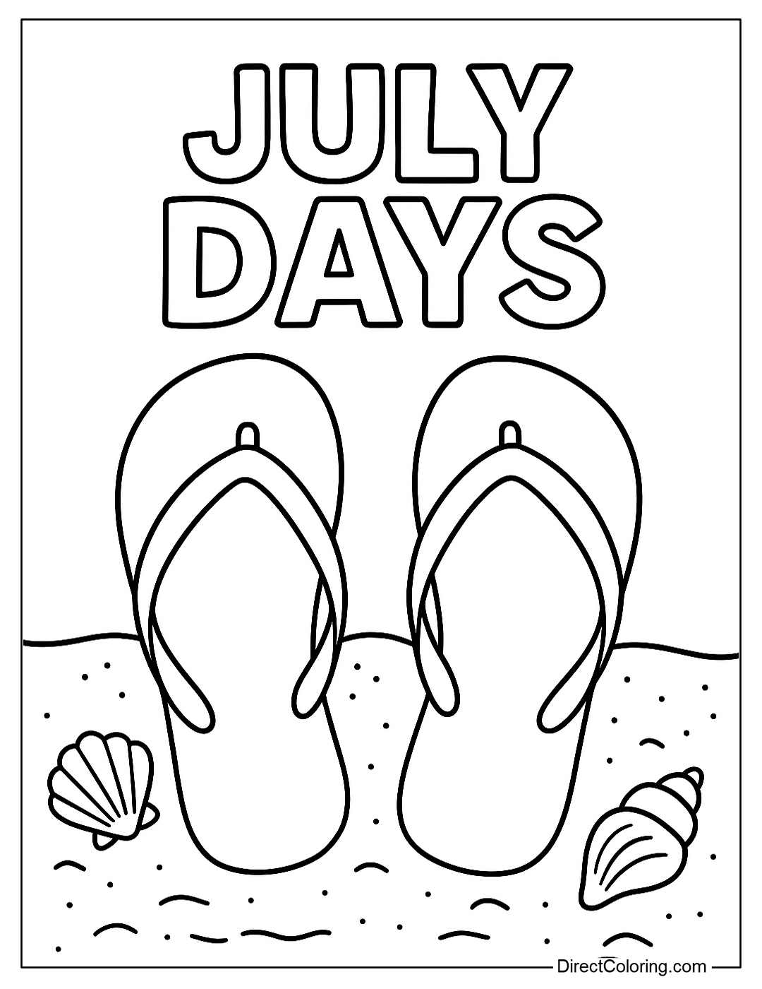 Coloring page of summer flip flops on the sand with seashells and the words 